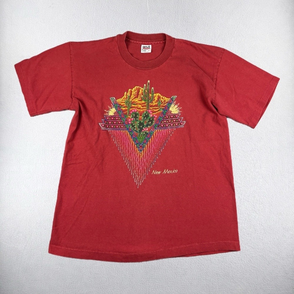 Vintage 90s Anvil T-Shirt Mens Large Red New Mexico Cactus Single Stitch USA